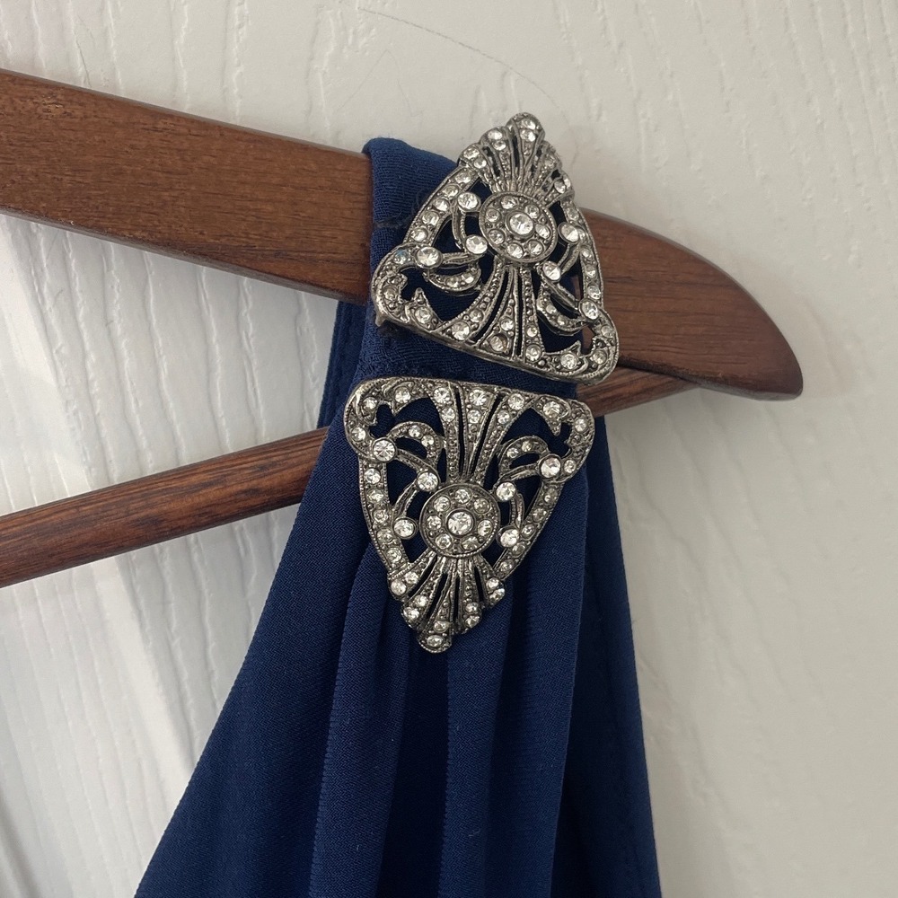 Lauren Ralph Lauren  Navy Blue Ruched Rhinestone  Dress 8 Prom Wedding Cocktail - Picture 2 of 9